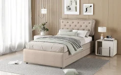 Lit 90x200cm, avec tiroirs et clous décoratifs, Beige