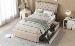 Lit 90x200cm, avec tiroirs et clous décoratifs, Beige