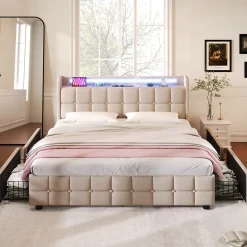 Lit 180x200cm avec tiroirs, Lit double capitonné avec rangement, éclairage LED, 2 chargeurs USB, Beige