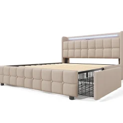 Lit 180x200cm avec tiroirs, Lit double capitonné avec rangement, éclairage LED, 2 chargeurs USB, Beige