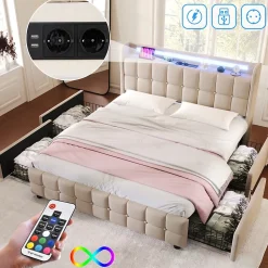 Lit 180x200cm avec tiroirs, Lit double capitonné avec rangement, éclairage LED, 2 chargeurs USB, Beige