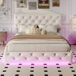 Lit 160x200cm, Espace de Rangement, Sommier à Lattes, Eéclairage LED et tête de lit relevable, Lin, Beige