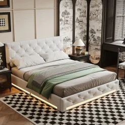 Lit 160x200cm, Espace de Rangement, Sommier à Lattes, Eéclairage LED et tête de lit relevable, Lin, Beige