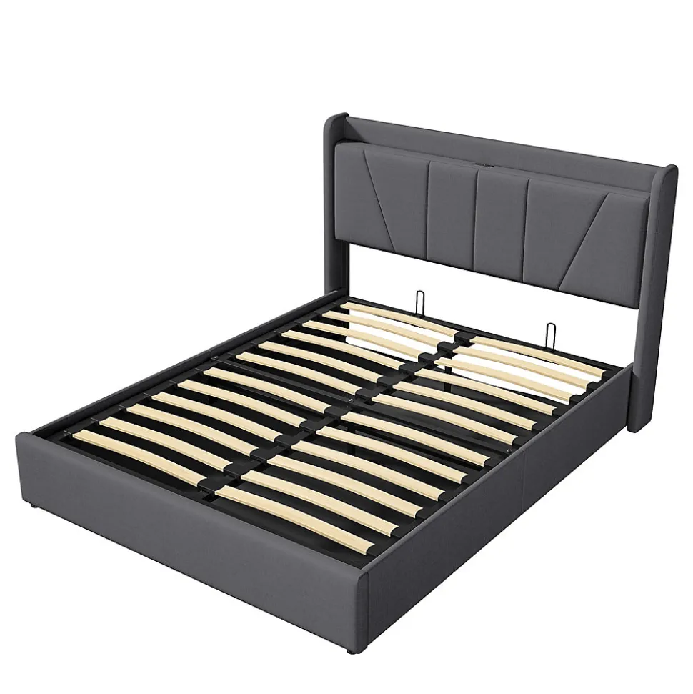 lit 160x200cm Hauteur 30cm Cadre de lit tapissé avec tête de lit Sommier à Lattes en Bois Gris foncé