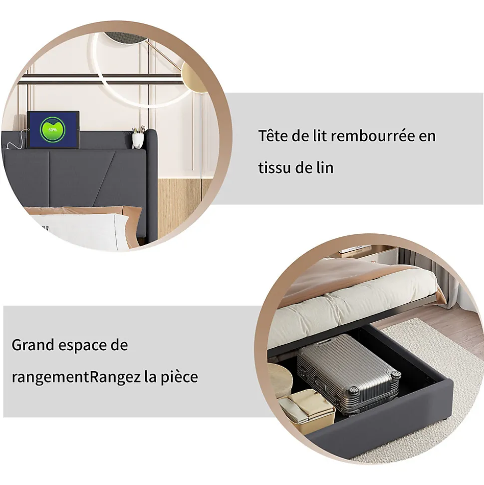 lit 160x200cm Hauteur 30cm Cadre de lit tapissé avec tête de lit Sommier à Lattes en Bois Gris foncé