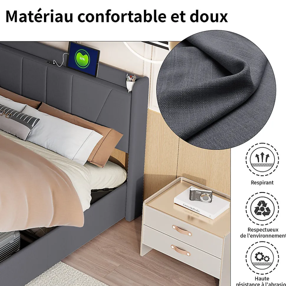 lit 160x200cm Hauteur 30cm Cadre de lit tapissé avec tête de lit Sommier à Lattes en Bois Gris foncé