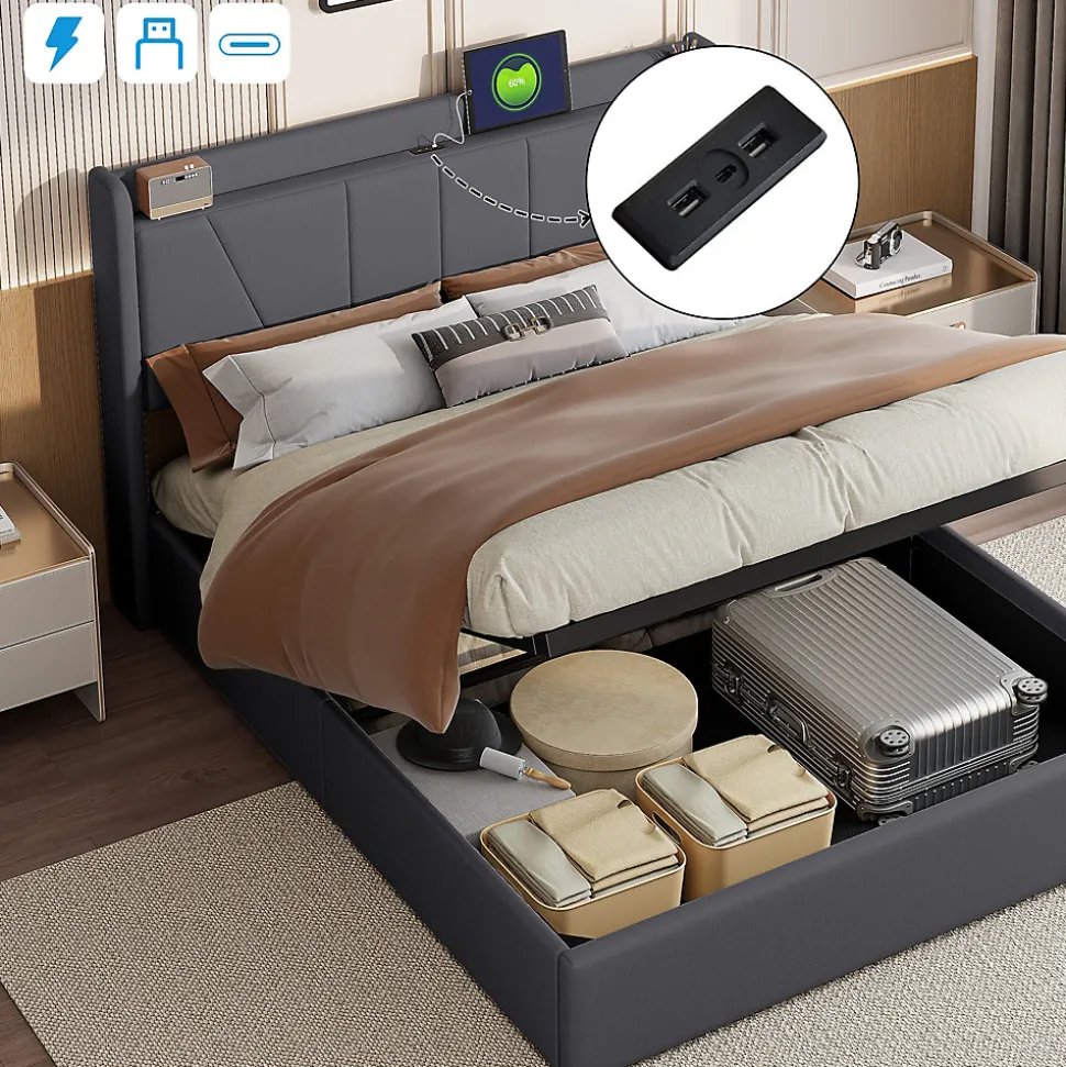 lit 160x200cm Hauteur 30cm Cadre de lit tapissé avec tête de lit Sommier à Lattes en Bois Gris foncé