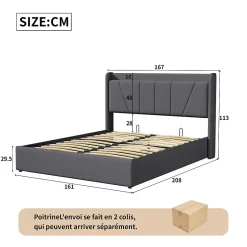 lit 160x200cm Hauteur 30cm Cadre de lit tapissé avec tête de lit Sommier à Lattes en Bois Gris foncé