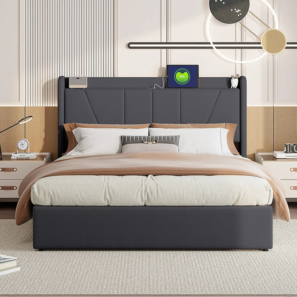 lit 160x200cm Hauteur 30cm Cadre de lit tapissé avec tête de lit Sommier à Lattes en Bois Gris foncé