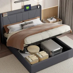 lit 160x200cm Hauteur 30cm Cadre de lit tapissé avec tête de lit Sommier à Lattes en Bois Gris foncé