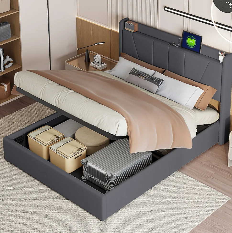 lit 160x200cm Hauteur 30cm Cadre de lit tapissé avec tête de lit Sommier à Lattes en Bois Gris foncé