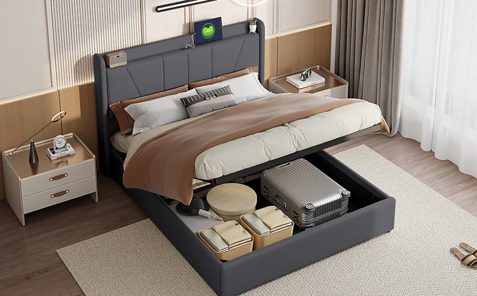 lit 160x200cm Hauteur 30cm Cadre de lit tapissé avec tête de lit Sommier à Lattes en Bois Gris foncé