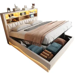 Lit 180x200cm, LED app, USB, rangement hydraulique, sommier lattes, lin beige