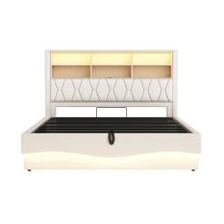 Lit 180x200cm, LED app, USB, rangement hydraulique, sommier lattes, lin beige