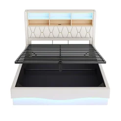 Lit 180x200cm, LED app, USB, rangement hydraulique, sommier lattes, lin beige