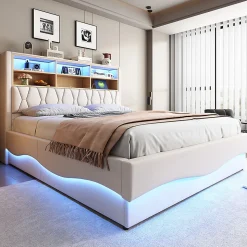 Lit 180x200cm, LED app, USB, rangement hydraulique, sommier lattes, lin beige