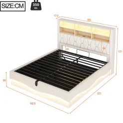 Lit 180x200cm, LED app, USB, rangement hydraulique, sommier lattes, lin beige