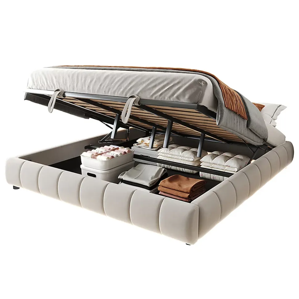 Lit 180x200cm, LED, rangement hydraulique, cadre flottant, beige