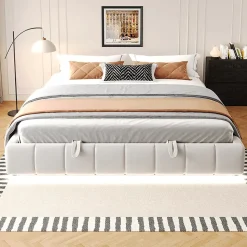 Lit 180x200cm, LED, rangement hydraulique, cadre flottant, beige