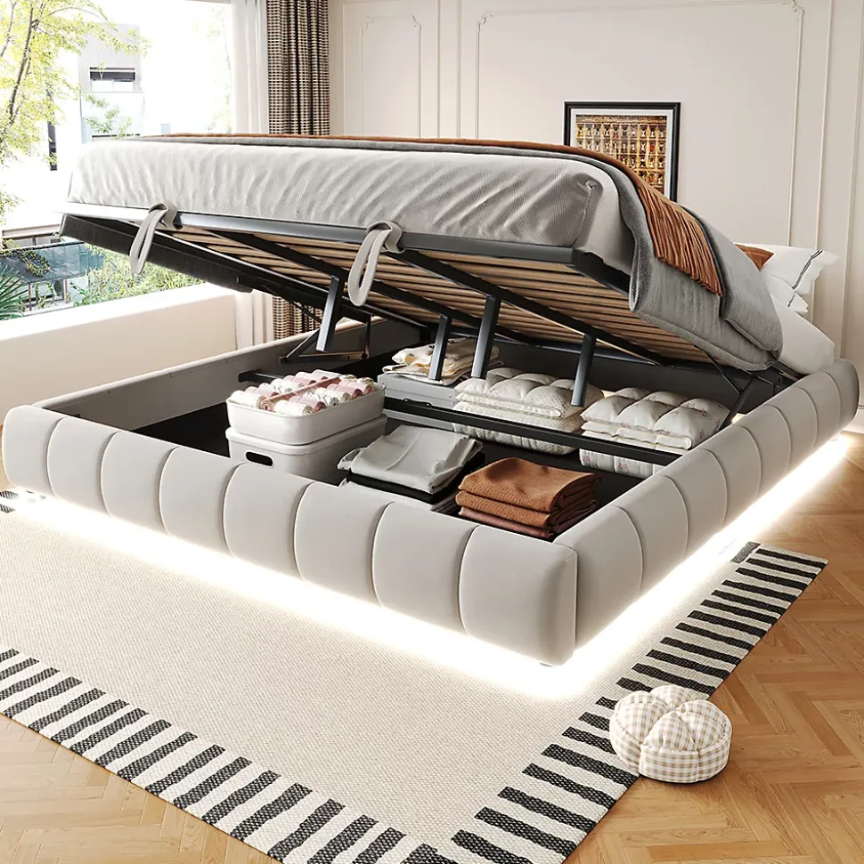 Lit 180x200cm, LED, rangement hydraulique, cadre flottant, beige