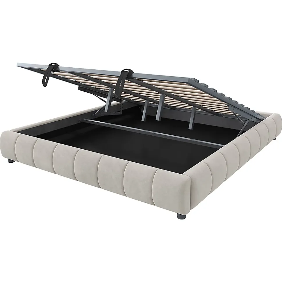 Lit 180x200cm, LED, rangement hydraulique, cadre flottant, beige