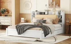 Lit 180x200cm, tête de lit partiellement inclinable, 4 tiroirs, Blanc