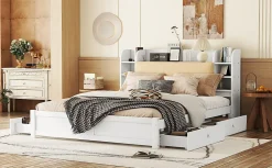 Lit 180x200cm, tête de lit partiellement inclinable, 4 tiroirs, Blanc