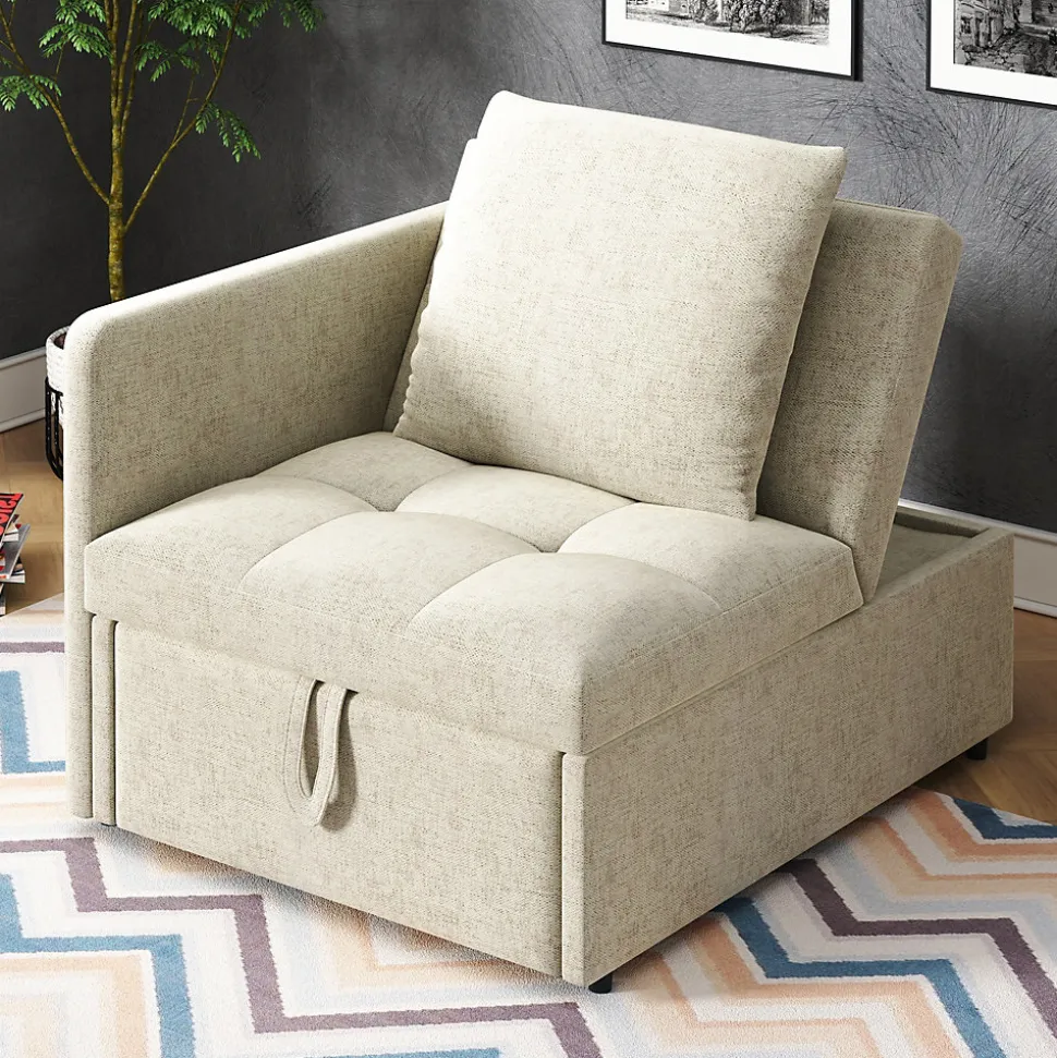 Lit 177x68x65 cm convertible 3-en-1 en tissu lin beige, dossier 5 positions, idéal pour petits espaces