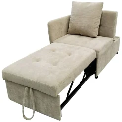 Lit 177x68x65 cm convertible 3-en-1 en tissu lin beige, dossier 5 positions, idéal pour petits espaces
