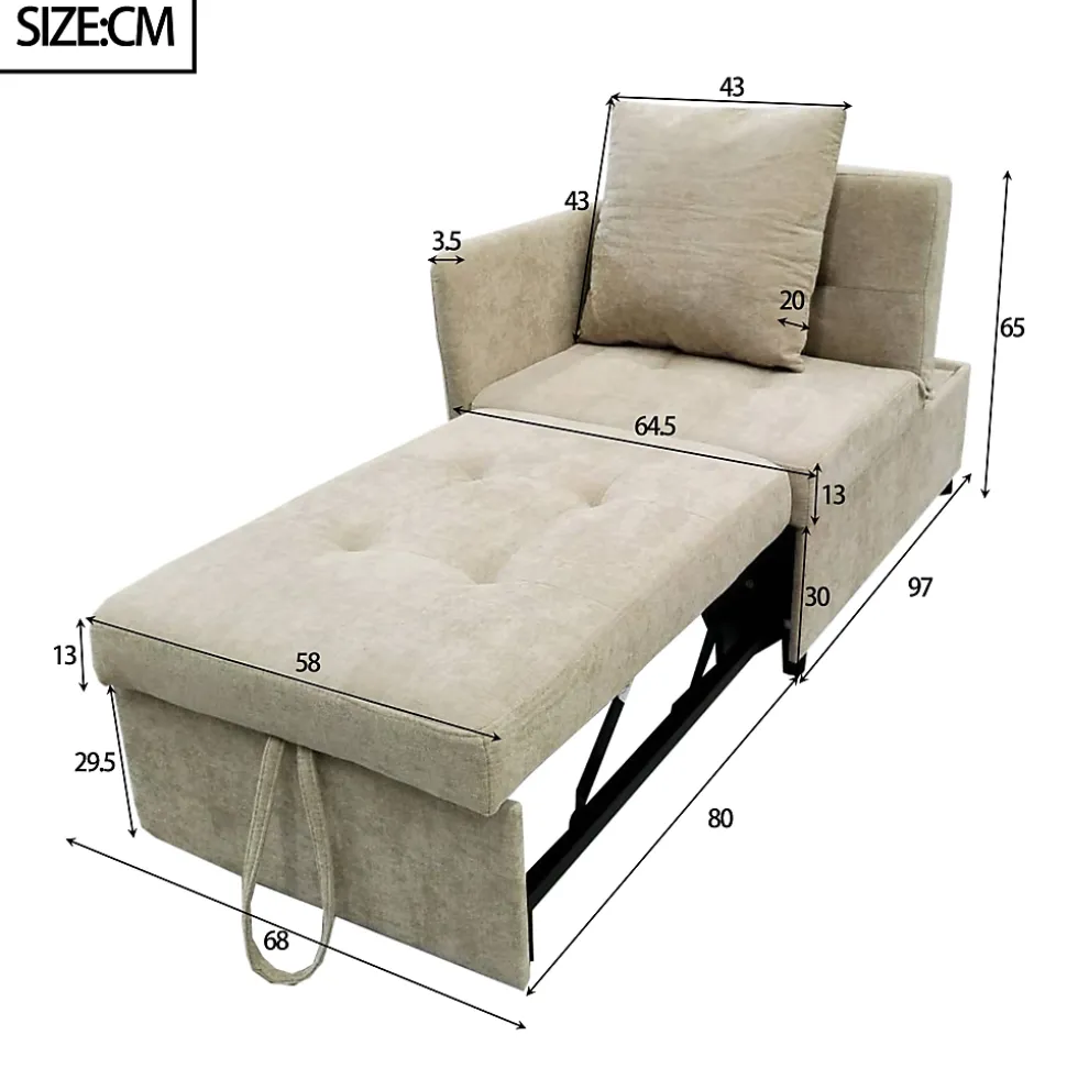 Lit 177x68x65 cm convertible 3-en-1 en tissu lin beige, dossier 5 positions, idéal pour petits espaces
