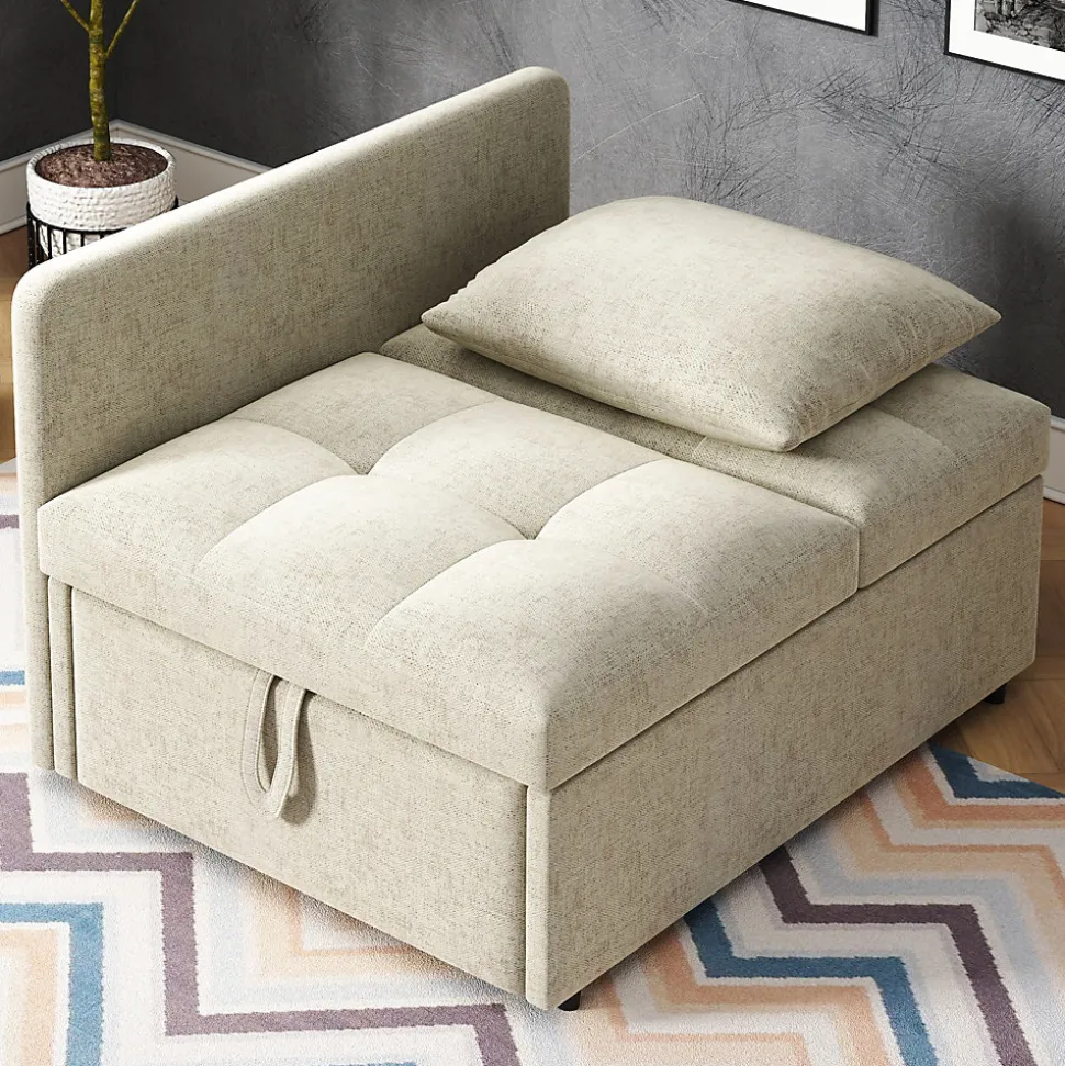 Lit 177x68x65 cm convertible 3-en-1 en tissu lin beige, dossier 5 positions, idéal pour petits espaces