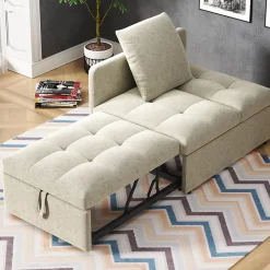 Lit 177x68x65 cm convertible 3-en-1 en tissu lin beige, dossier 5 positions, idéal pour petits espaces