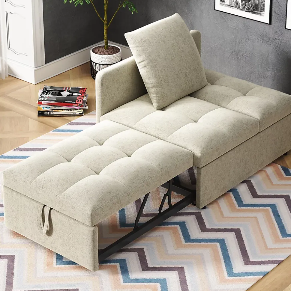 Lit 177x68x65 cm convertible 3-en-1 en tissu lin beige, dossier 5 positions, idéal pour petits espaces