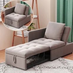 Lit 177x68x65 cm convertible 3-en-1 en tissu lin gris, dossier 5 positions, compact et fonctionnel