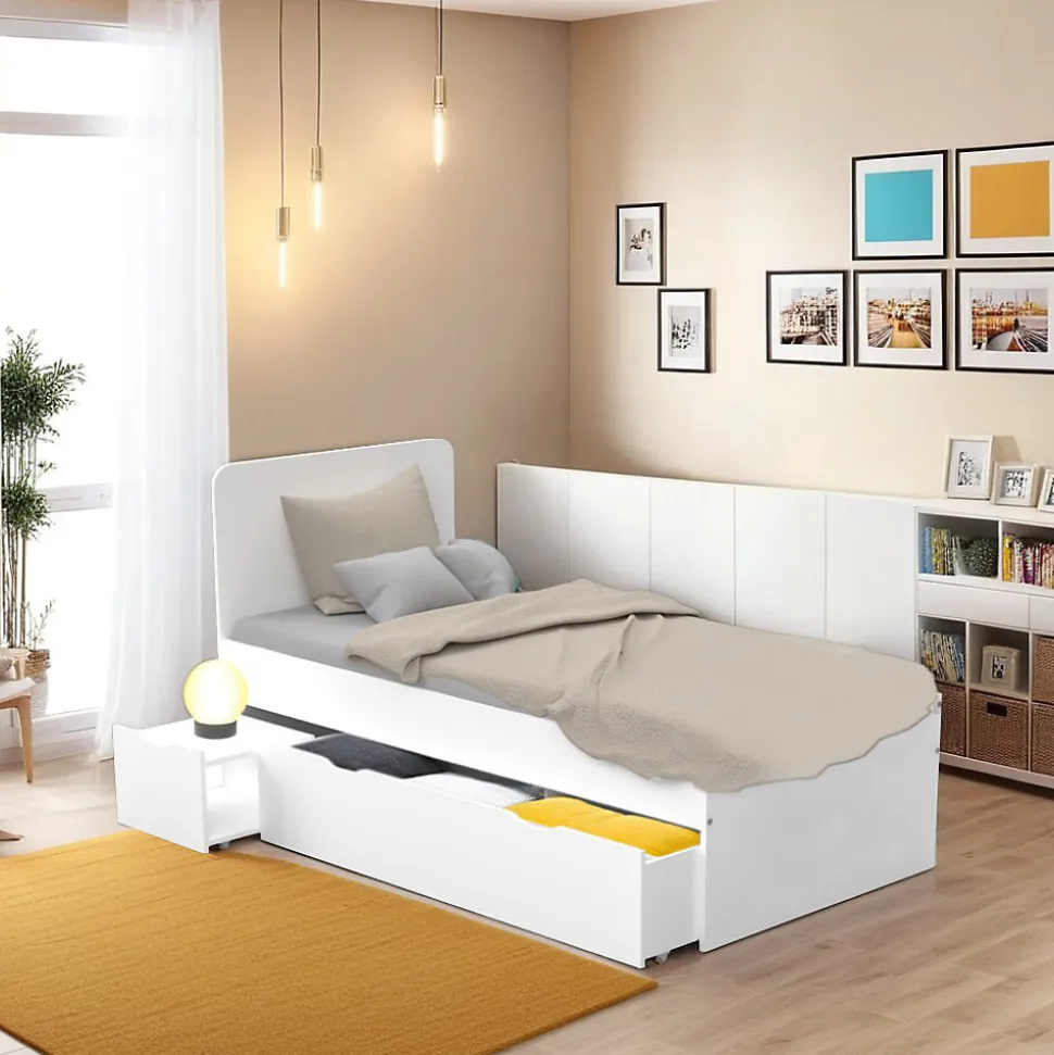 Lit ZENIA 90x190 + 1 chevet + 1 tiroir / Blanc