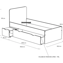 Lit ZENIA 90x190 + 1 chevet + 1 tiroir / Blanc