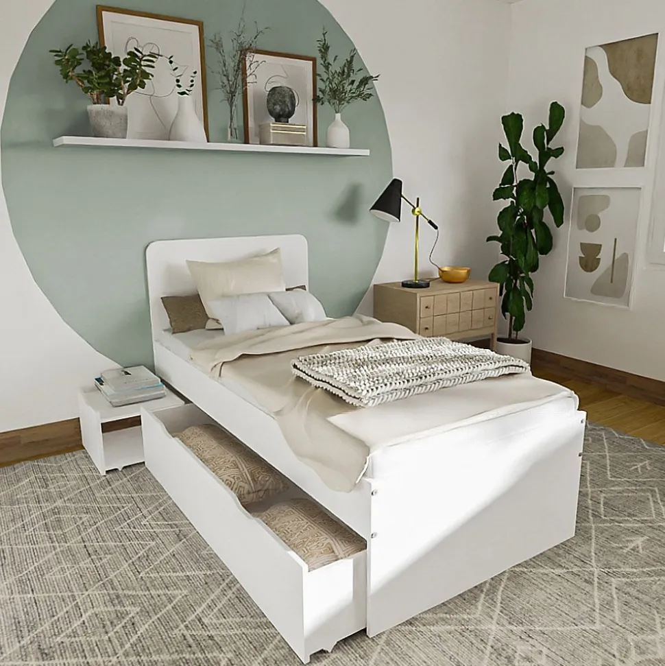 Lit ZENIA 90x190 + 1 chevet + 1 tiroir / Blanc