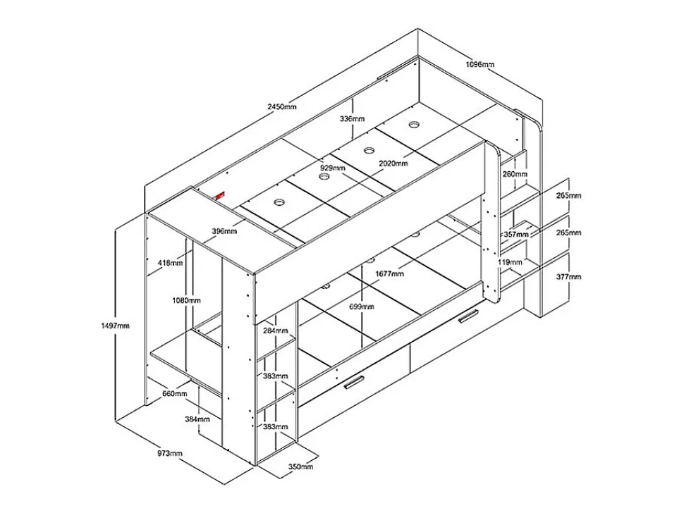 Lits superposés 2 x 90 x 200 cm avec rangements et penderie - Blanc et naturel + Matelas - OSANA