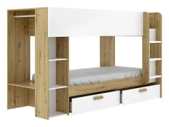 Lits superposés 2 x 90 x 200 cm avec rangements et penderie - Blanc et naturel + Matelas - OSANA