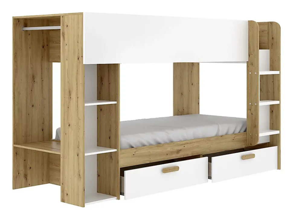 Lits superposés 2 x 90 x 200 cm avec rangements et penderie - Blanc et naturel + Matelas - OSANA