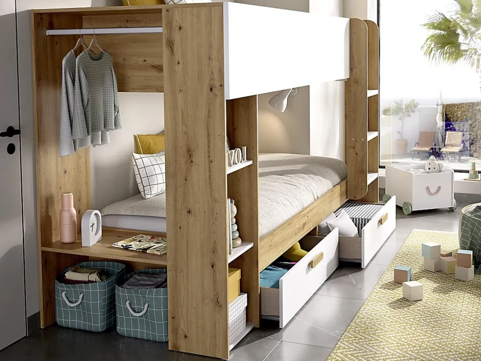 Lits superposés 2 x 90 x 200 cm avec rangements et penderie - Blanc et naturel + Matelas - OSANA