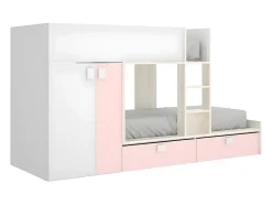 Lits Superposés 2 x 90 x 190 cm - Armoire intégrée - Blanc, naturel et rose - JUANITO