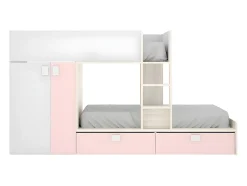 Lits Superposés 2 x 90 x 190 cm - Armoire intégrée - Blanc, naturel et rose - JUANITO