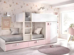 Lits Superposés 2 x 90 x 190 cm - Armoire intégrée - Blanc, naturel et rose - JUANITO