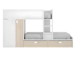 Lits Superposés 2 x 90 x 190 cm - Armoire intégrée - Blanc et naturel - JUANITO