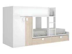 Lits Superposés 2 x 90 x 190 cm - Armoire intégrée - Blanc et naturel - JUANITO