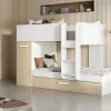 Lits superposés avec tiroir lit gigogne et rangements 3 x 90 x 190 cm - Blanc et Naturel + matelas - ANTHONY
