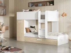 Lits superposés avec tiroir lit gigogne et rangements 3 x 90 x 190 cm - Blanc et Naturel + matelas - ANTHONY