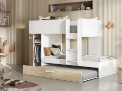 Lits superposés avec tiroir lit gigogne et rangements 3 x 90 x 190 cm - Blanc et Naturel + matelas - ANTHONY