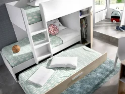 Lits superposés avec tiroir lit gigogne et rangements 3 x 90 x 190 cm - Blanc et Naturel + matelas - ANTHONY